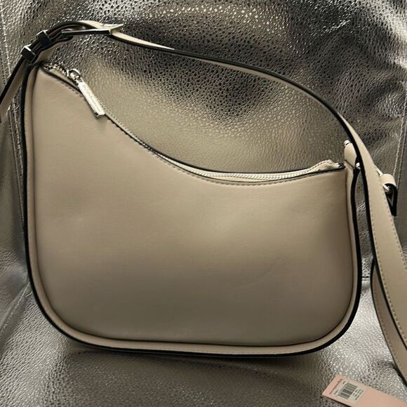 BCBGeneration Crescent Saddlebag Crossbody Purse Stone Beige Faux Leather NWT - Picture 1 of 11